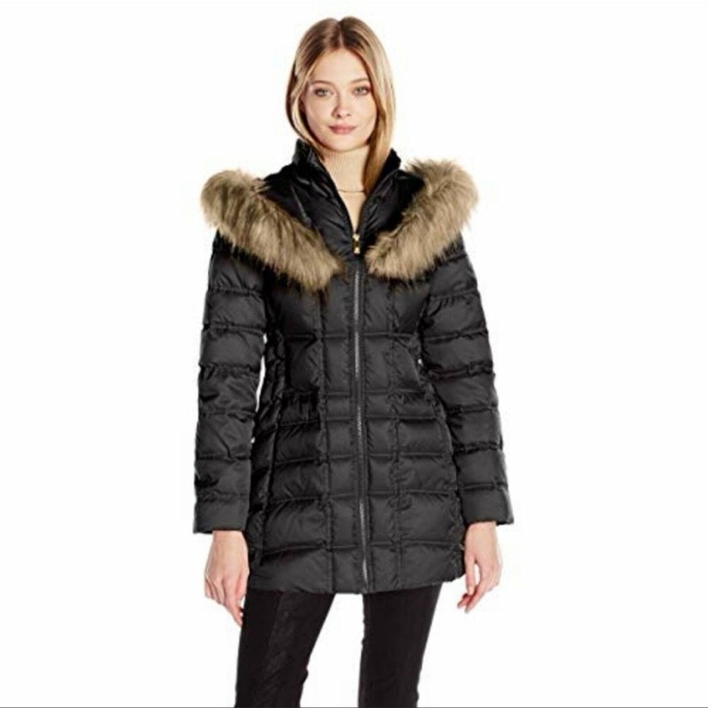 BETSEY JOHNSON Black Puffer Hooded Coat with Faux Fur Large